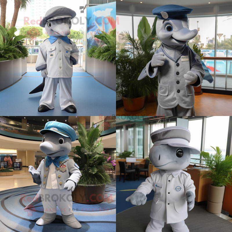 Silver Dolphin mascot costume character dressed with Dress Shirt and Berets Silver Dolphin mascot costume character dressed with Dress Shirt and Berets