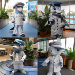 Silver Dolphin mascot costume character dressed with Dress Shirt and Berets