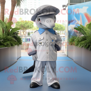 Silver Dolphin mascot costume character dressed with Dress Shirt and Berets