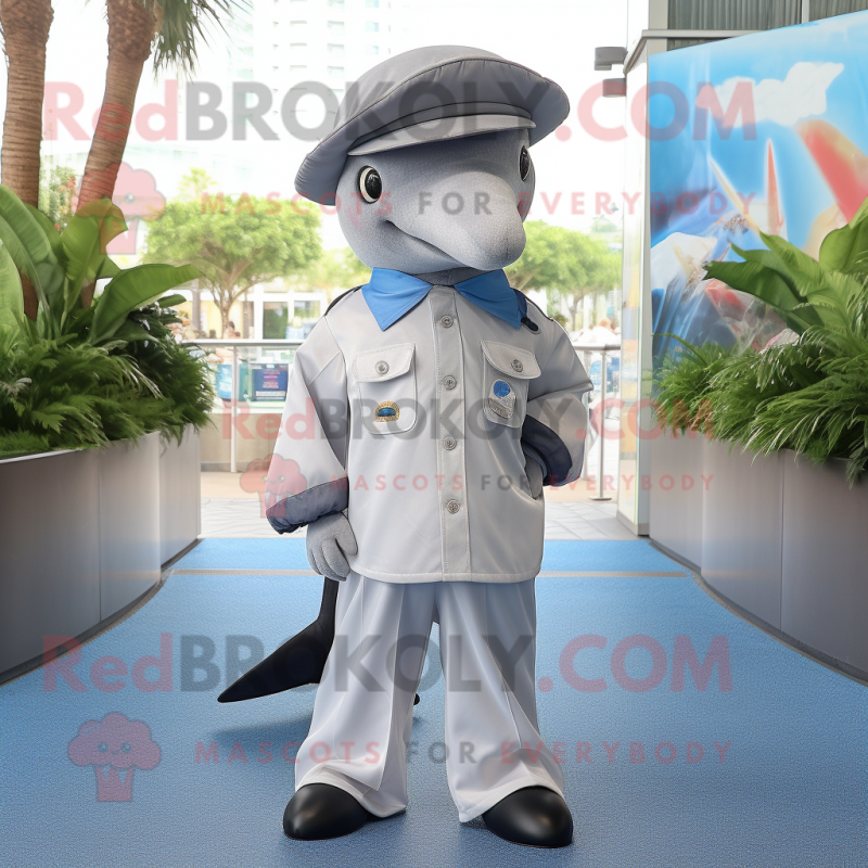 Silver Dolphin mascot costume character dressed with Dress Shirt and Berets Silver Dolphin mascot costume character dressed with Dress Shirt and Berets