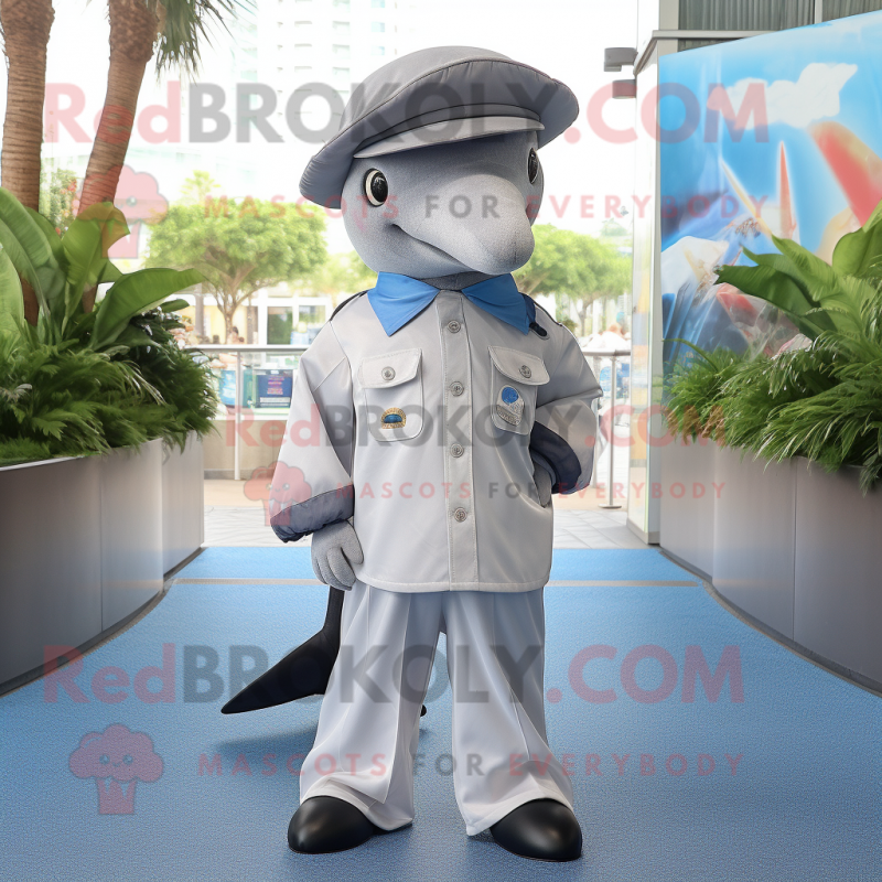 Silver Dolphin mascot costume character dressed with Dress Shirt and Berets