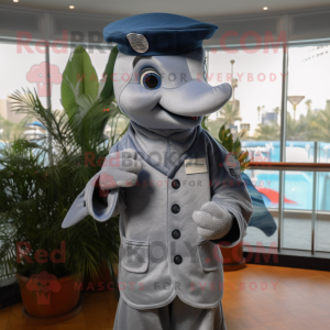 Silver Dolphin mascot costume character dressed with Dress Shirt and Berets