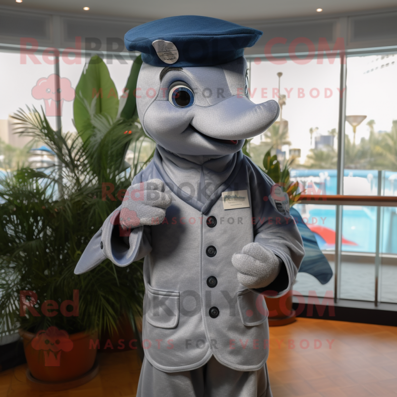 Silver Dolphin mascot costume character dressed with Dress Shirt and Berets Silver Dolphin mascot costume character dressed with Dress Shirt and Berets