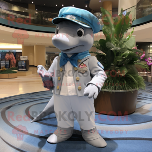 Silver Dolphin mascot costume character dressed with Dress Shirt and Berets