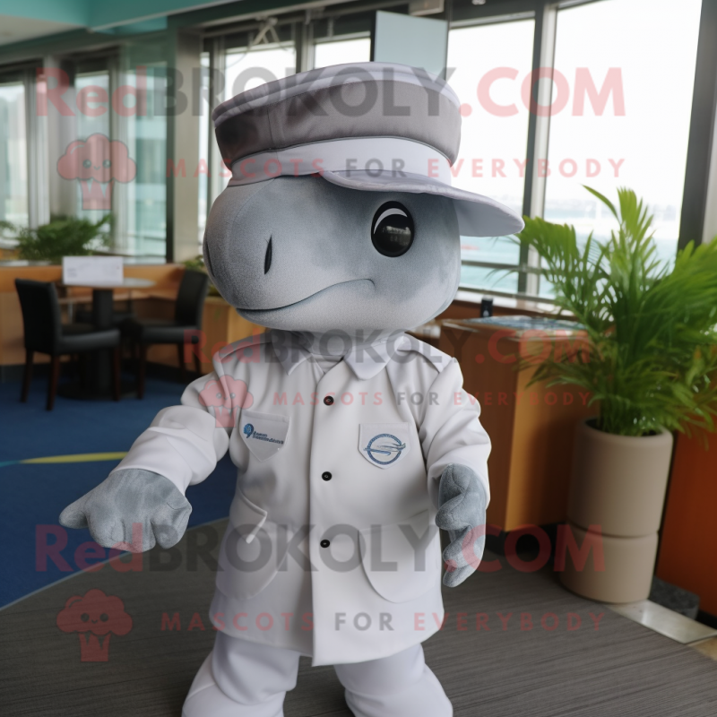 Silver Dolphin mascot costume character dressed with Dress Shirt and Berets