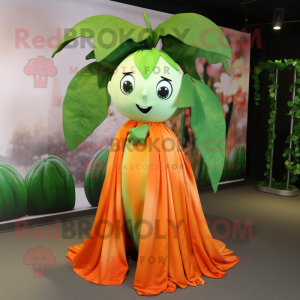 Orange Beanstalk mascot costume character dressed with Maxi Dress and Rings