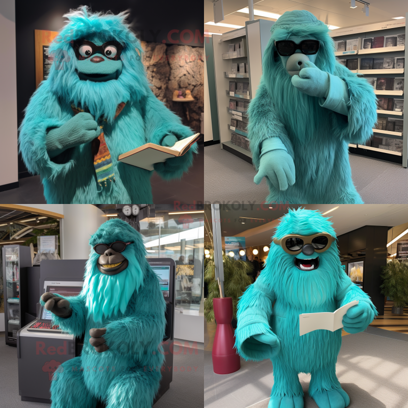 Teal Sasquatch mascot costume character dressed with Wrap Dress and Reading glasses