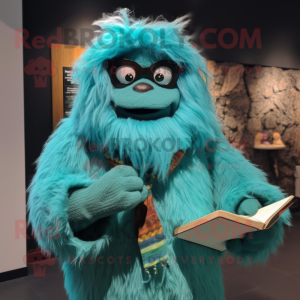 Teal Sasquatch mascot costume character dressed with Wrap Dress and Reading glasses