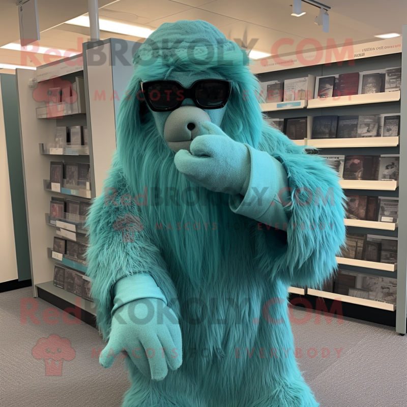 Teal Sasquatch mascot costume character dressed with Wrap Dress and Reading glasses