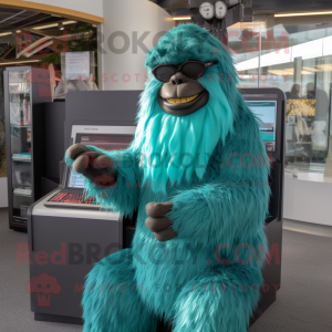 Teal Sasquatch mascot costume character dressed with Wrap Dress and Reading glasses