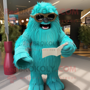 Teal Sasquatch mascot costume character dressed with Wrap Dress and Reading glasses