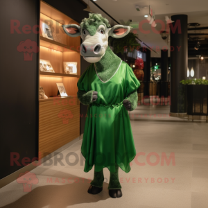 Forest Green Zebu mascot costume character dressed with Cocktail Dress and Clutch bags