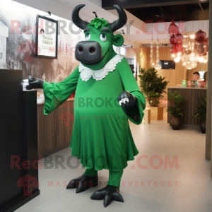 Forest Green Zebu mascot costume character dressed with Cocktail Dress and Clutch bags