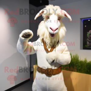 Cream Angora goat mascot costume character dressed with Sweater and Cufflinks