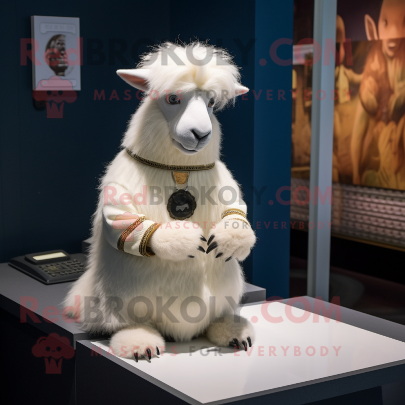 Cream Angora goat mascot costume character dressed with Sweater and Cufflinks Cream Angora goat mascot costume character dressed with Sweater and Cufflinks