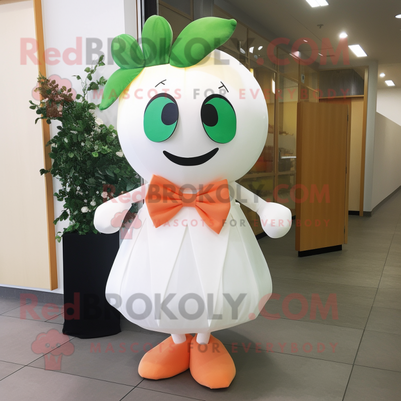 Peach Spinach mascot costume character dressed with Wedding Dress and Bow ties