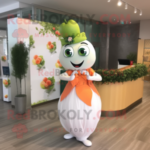 Peach Spinach mascot costume character dressed with Wedding Dress and Bow ties