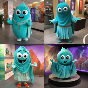 Turquoise Pho mascot costume character dressed with Tank Top and Shawl pins