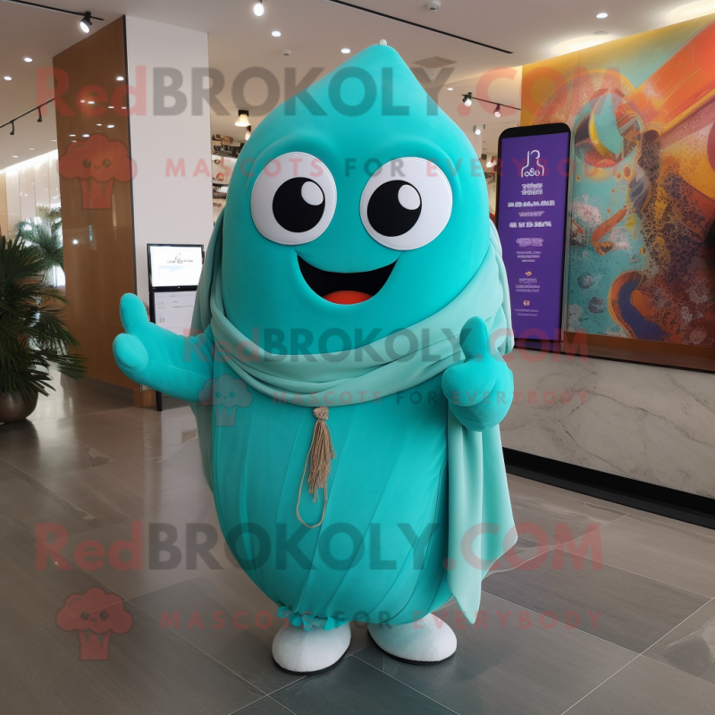 Turquoise Pho mascot costume character dressed with Tank Top and Shawl pins