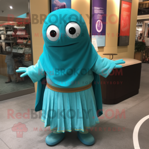 Turquoise Pho mascot costume character dressed with Tank Top and Shawl pins