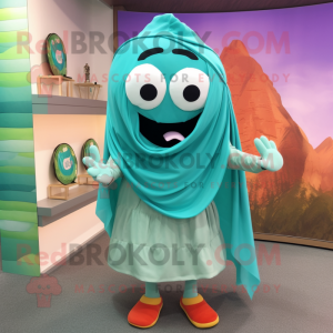 Turquoise Pho mascot costume character dressed with Tank Top and Shawl pins