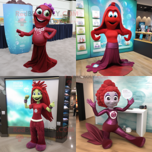 Maroon mermaid mascot costume character dressed with Yoga Pants and Bracelet watches