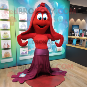 Maroon mermaid mascot costume character dressed with Yoga Pants and Bracelet watches