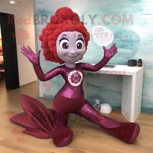 Maroon mermaid mascot costume character dressed with Yoga Pants and Bracelet watches