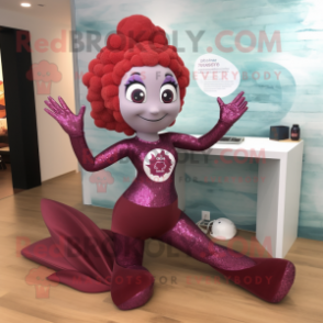 Maroon mermaid mascot costume character dressed with Yoga Pants and Bracelet watches