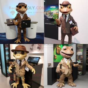 Brown geckos mascot costume character dressed with Suit Jacket and Wallets