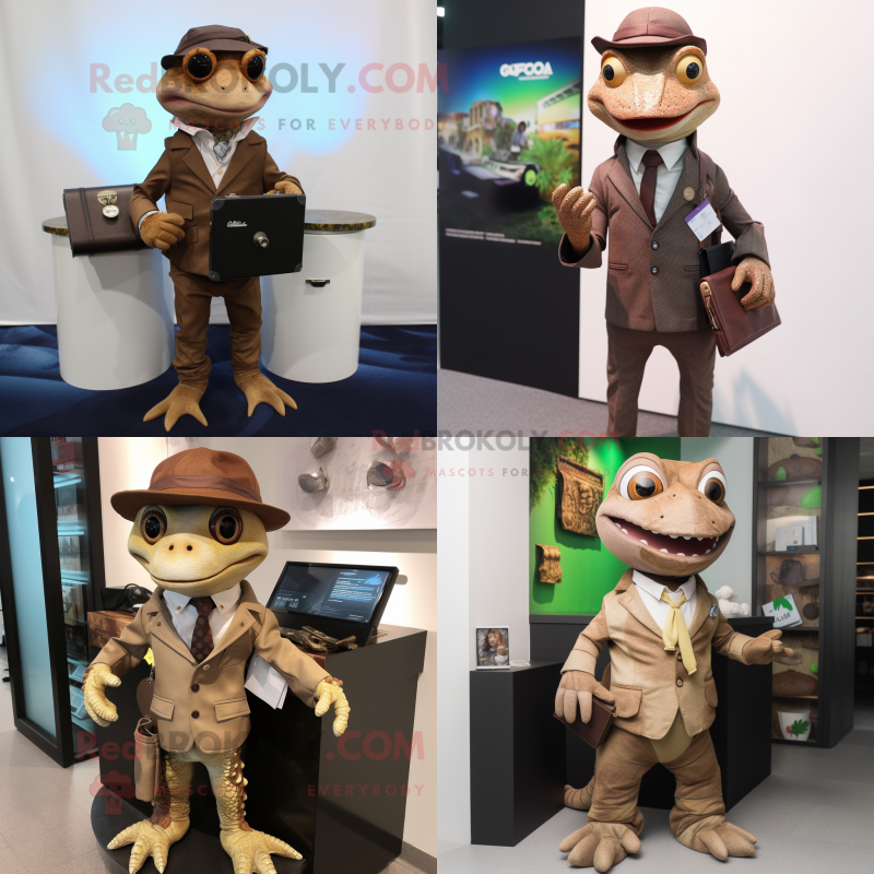 Brown geckos mascot costume character dressed with Suit Jacket and Wallets Brown geckos mascot costume character dressed with Suit Jacket and Wallets