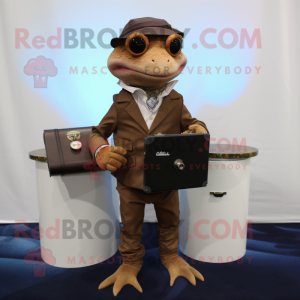 Brown geckos mascot costume character dressed with Suit Jacket and Wallets