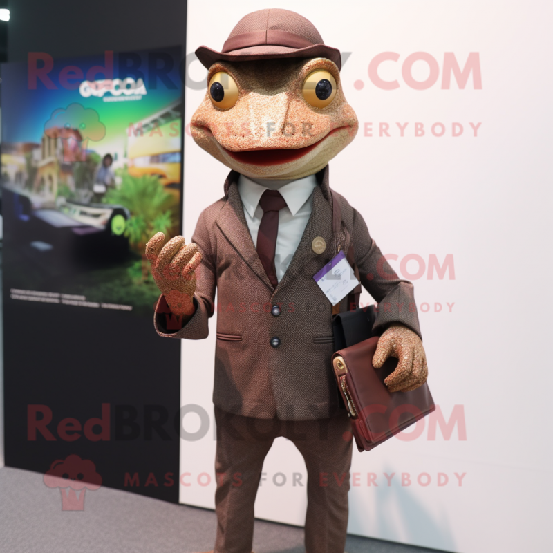 Brown geckos mascot costume character dressed with Suit Jacket and Wallets