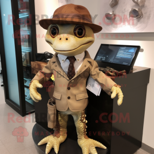 Brown geckos mascot costume character dressed with Suit Jacket and Wallets