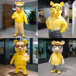 Yellow Sow mascot costume character dressed with Poplin Shirt and Sunglasses