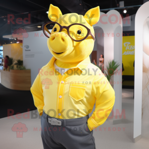 Yellow Sow mascot costume character dressed with Poplin Shirt and Sunglasses