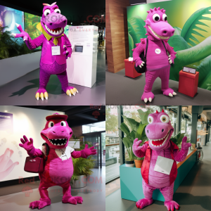 Magenta Crocodile mascot costume character dressed with Romper and Wallets