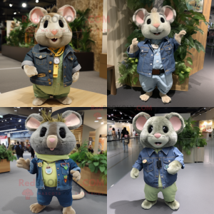 Olive Hamster mascot costume character dressed with Denim Shirt and Necklaces