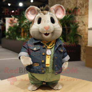 Olive Hamster mascot costume character dressed with Denim Shirt and Necklaces