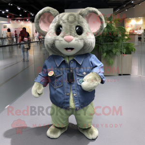 Olive Hamster mascot costume character dressed with Denim Shirt and Necklaces