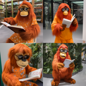 Orange Orangutan mascot costume character dressed with Maxi Dress and Reading glasses