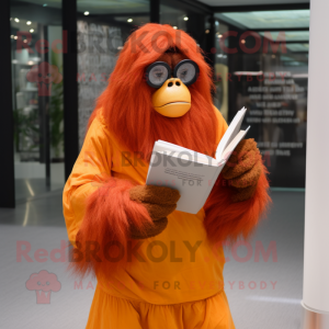 Orange Orangutan mascot costume character dressed with Maxi Dress and Reading glasses