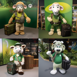 Olive Ram mascot costume character dressed with Polo Tee and Briefcases