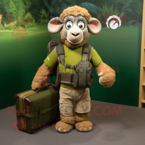 Olive Ram mascot costume character dressed with Polo Tee and Briefcases