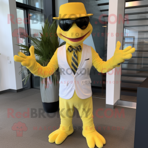 Lemon Yellow Utahraptor mascot costume character dressed with Suit Pants and Caps