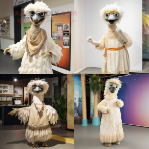 Cream Emu mascot costume character dressed with Maxi Dress and Headbands