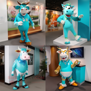 Turquoise Jersey cow mascot costume character dressed with Rash Guard and Shoe clips