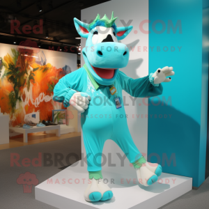 Turquoise Jersey cow mascot costume character dressed with Rash Guard and Shoe clips