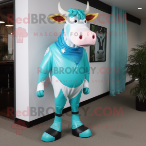 Turquoise Jersey cow mascot costume character dressed with Rash Guard and Shoe clips