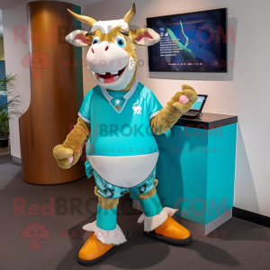 Turquoise Jersey cow mascot costume character dressed with Rash Guard and Shoe clips